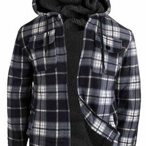 Heavy Sherpa Fleece Lined Hooded Coat Plaid Flannel Full Zip Winter Jacket
